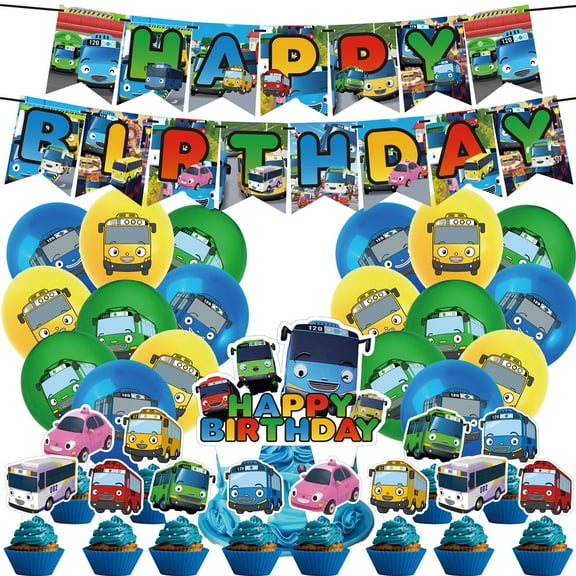 32 PCS For Tayo the Little Bus Theme Birthday Party Decorations and Supplies Set With 1 1 Happy Birthday banner, 12 Cupcake Toppers, 1 Cake Topper, and 18 Balloons for Festive Celebrations