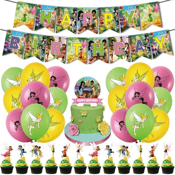 32 PCS For Tinkerbell Cartoon Birthday Party Decorations, With 18 Balloons,13 Cupcake Toppers, 1 Happy Birthday Banner Garland, for Decorative Supplies Set