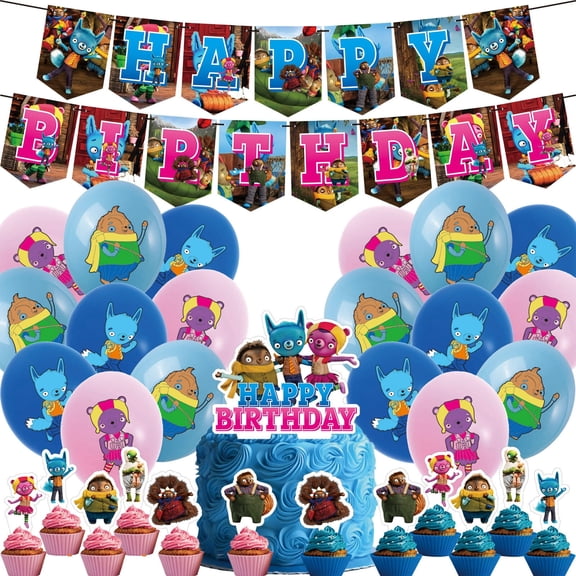 32 PCS For Tumble Leaf Cartoon Themed Party Decorations and Favors Set Banner, 18 Balloons and 13 Cupcake Toppers for Celebration Birthday Parties Supplies