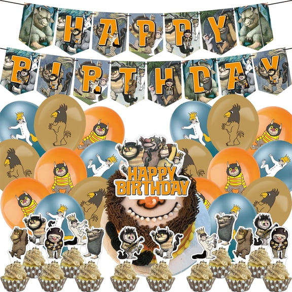 32 PCS For Where the Wild Things Are Cartoon Themed Party Decorations and Favors Set  Banner, 18 Balloons and 13 Cupcake Toppers for Celebration Birthday Parties Supplies