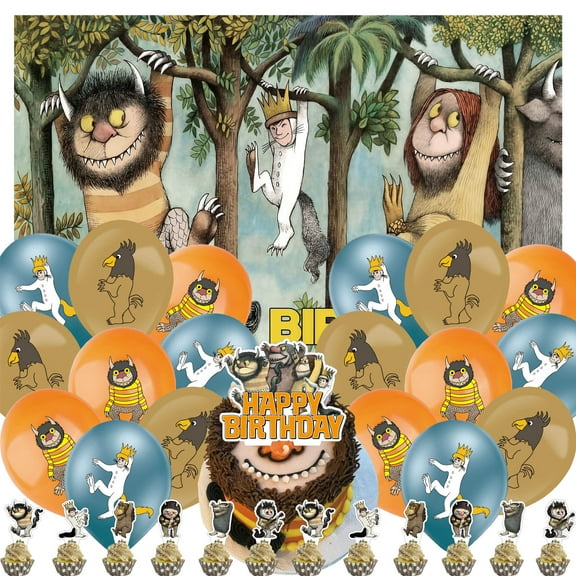 32 PCS For Where the Wild Things Are Cartoon-Themed Party Supplies and Favors Set  Backdrop, 18 Balloons, and 13 Cupcake Toppers for Birthday Celebration Parties Decorations