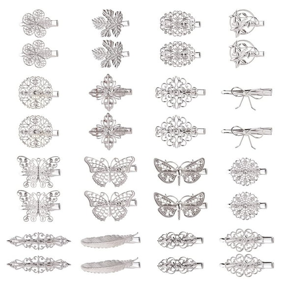 32 Pack/16 Pairs Small Metal Silver Retro Vintage Leaf Flower Butterfly Alligator Hair Clips Duckbill Mini Barrettes Decorative Tiny Hair Pins Accessories for Women Girls Fine Thin Short Hair