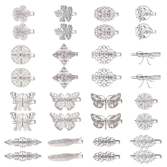 32 Pack/16 Pairs Small Metal Silver Retro Vintage Leaf Flower Butterfly Alligator Hair Clips Duckbill Mini Barrettes Decorative Tiny Hair Pins Accessories for Women Girls Fine Thin Short Hair