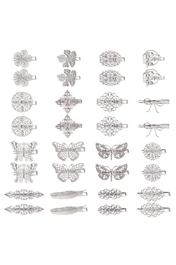 32 Pack/16 Pairs Small Metal Silver Retro Vintage Leaf Flower Butterfly Alligator Hair Clips Duckbill Mini Barrettes Decorative Tiny Hair Pins Accessories for Women Girls Fine Thin Short Hair