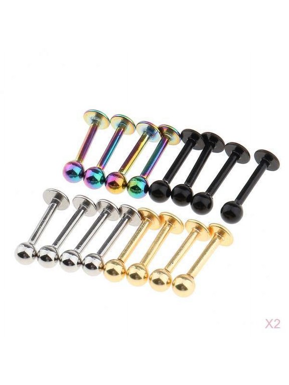 32 Pack 18G Stainless Steel Labret Lip Rings 8mm Bar 3mm Ball Studs 4 Colors Hypoallergenic Body Jewelry--