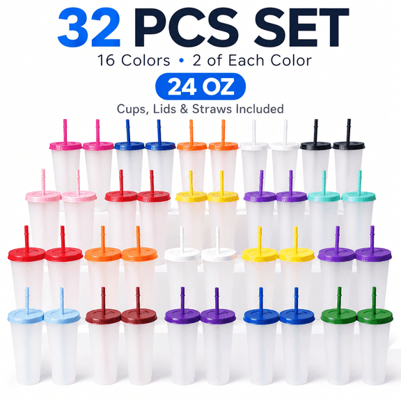 32 Pack 24 oz Reusable Frosted Plastic Cups with Colorful Lids and Straws, Large Cold Drink Tumblers for Iced Coffee, Juice, Smoothies, Milk Tea, Parties, Weddings, Camping, Picnic