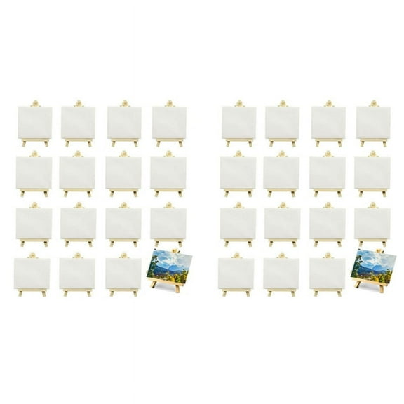 32 Pack 4 X 4 Inch Stretched Mini Canvases Small Painting Canvas with Easel Art Canvases for Kids Painting Craft,32 x Painting Canvas,White