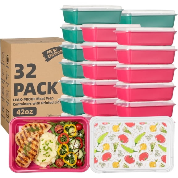 32 Pack 42 oz Meal Prep Containers, Plastic Prep Storage Containers with Printed , Stackable, Leakproof, Microwave & Freezer & Dishwasher Safe,To Go Take Out Box, Vegetable