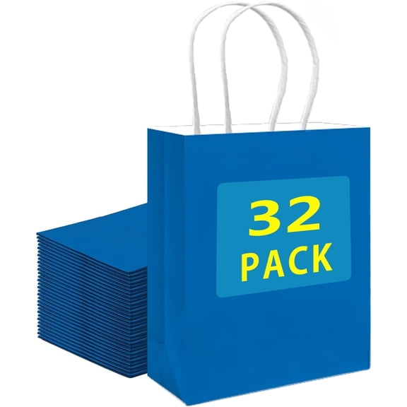 32 Pack 8.3’’x6.3’’x3.1’’ Small Royal Blue Paper Bags with Handles Bulk, Kraft Paper Gift Bags for Birthday Party Favors Grocery Retail Shopping Business Goody Craft Sacks