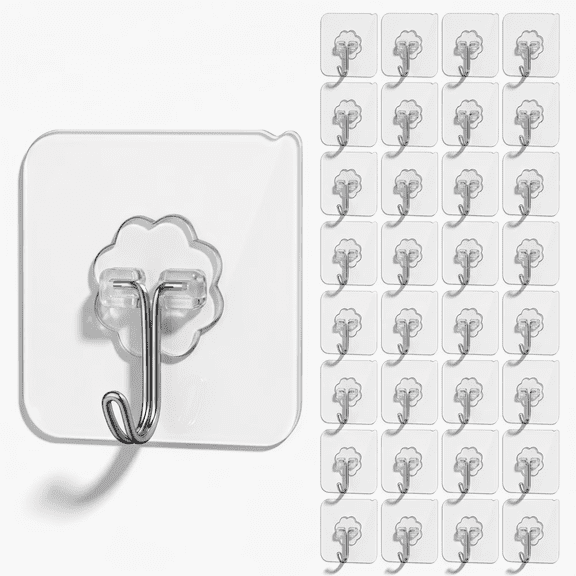 32 Pack Adhesive Hooks, Transparent Sticky Hooks, Reusable Removable Wall Hooks for Hanging, Kitchen, Bathroom, Shower, Home and Outdoor
