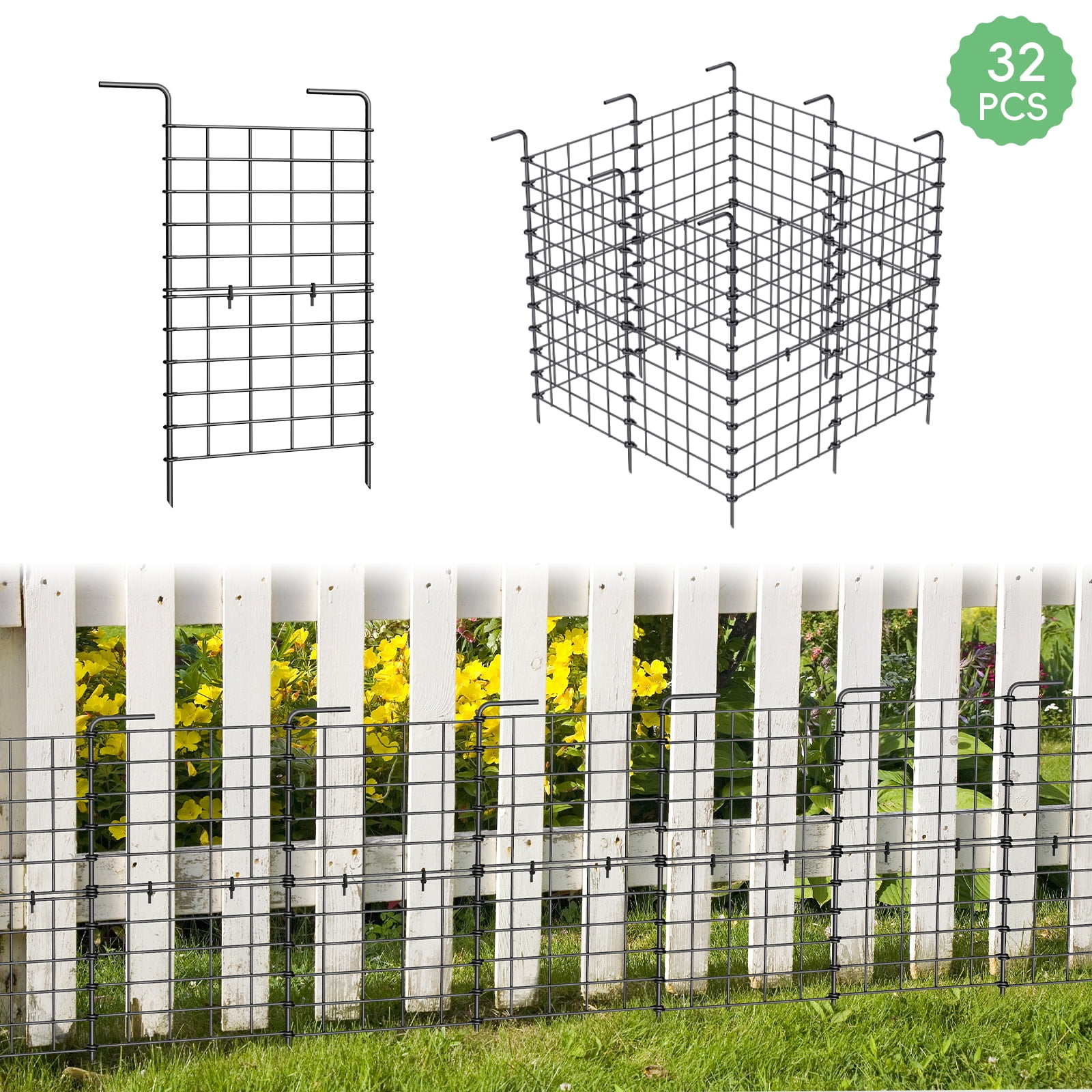 32 Pack Decorative Garden Fence, 24 Inch Tall Metal Picket Fence Panels, Wire Border Folding Fences Flower Bed Fencing Barrier, Decorative Animal Barrier for Dogs, Black