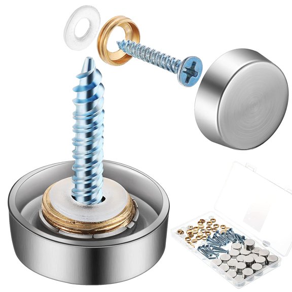 32 Pack Decorative Mirror Screws with Caps 16mm Stainless Steel Screw Cover Fixing Screw Covers Nails Silver Mirror Fasteners Self-Tapping for Sign Advertising Hardware Construction Cabinet Doors