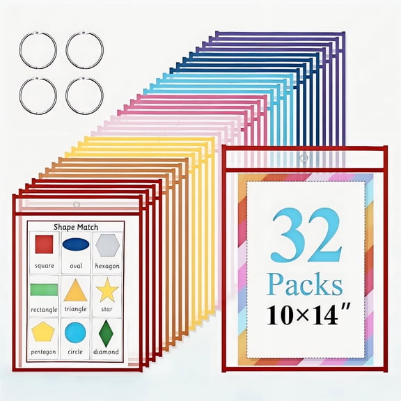 32 Pack Dry Erase Pocket Sleeves with Rings, 10x14 Inch Plastic Paper Sleeves Clear Job Ticket Holders Reusable Write and Wipe Pouches for Teacher Classroom Office