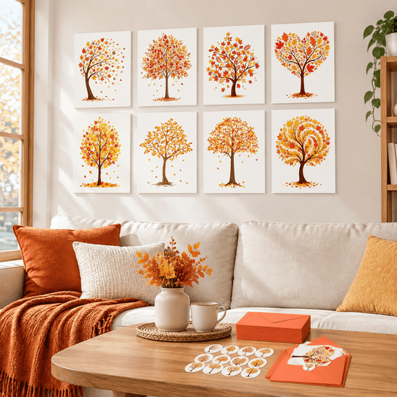 32 Pack Fall Greeting Cards with Envelopes and Stickers Fall Tree Stationery 4 x 6 Inch Blank Autumn Maple Note Cards for Fall Thanksgiving Harvest Party