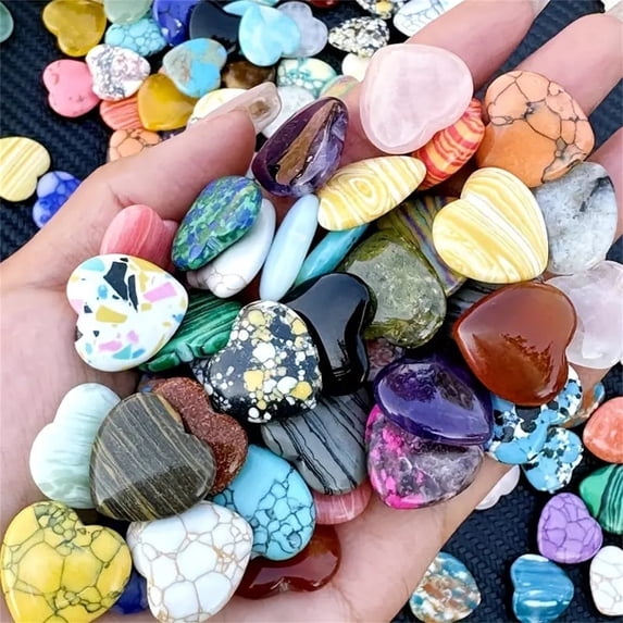 32-Pack Heart Shaped Natural Crystal Worry Stones – Colorful Mancala Rocks, Unique Patterns, 2cm Small Decorative Gemstones for DIY Crafts, Collecting, Feng Shui Displays