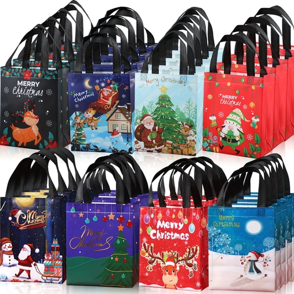 32-Pack Large Reusable Christmas Gift Bags with Tags - Heavy-Duty PP Foldable Bags (Santa/Snowman/Tree) in 4 Colors, Sturdy Ribbon Ties, Ideal for Holiday Gifting/Parties/Party Favors