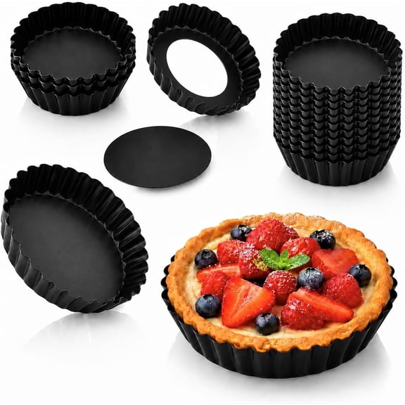 32 Pack Mini Tart Pans 3.1 Inch, Nonstick Carbon Steel Tartlet Pans with Removable Bottom, Fluted Egg Tart Molds for Quiche, Fruit Tarts, Mini Pies and Cheesecakes, Black
