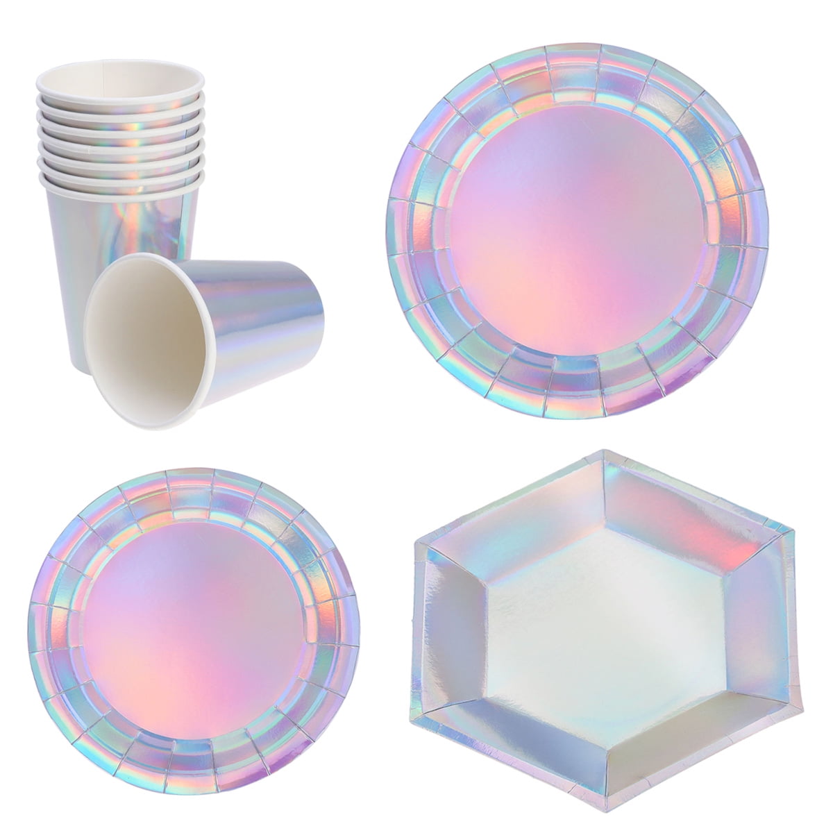 32 Pack Optical Tableware Party Supplies Paper Dinnerware Set Silver Iridescent Dessert Plate Cup Holographic Disposable Party Tableware