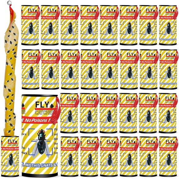 32 Pack Pestoptek Fly Ribbon for Indoor and Outdoor, Hanging Strips Sticky, Bug/Fruit Flies Traps, Fly Gnat Ribbons Tape Killer Catcher Hanging Trap for Gnat, Insect and Mosquito