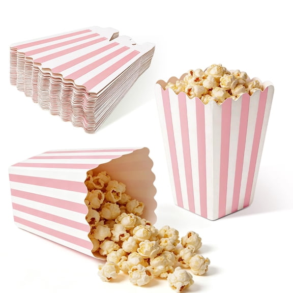 32 Pack Pink Popcorn Boxes, 4.6" x 2.7" Small Paper Popcorn Containers, Pink and White Striped Popcorn Buckets for Movie Night, Cinema, Party, Birthday