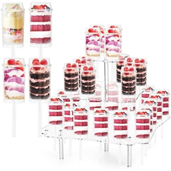 32 Pack Push Cake Pop Containers & 32 Holes Acrylic Clear Cake Stand, Plastic Reusable Round Shaped Push Up Cakes Pop Shooters Cup with Lids & Treat Stand for Wedding Birthday Christmas Party