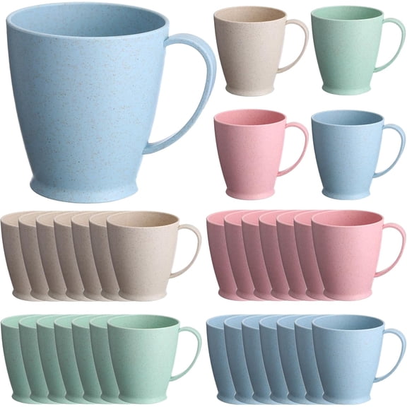 32-Pack Reusable Wheat Straw Plastic Cups, 10 Oz with Handle, Microwave and Dishwasher Safe, Break Resistant, Multicolor