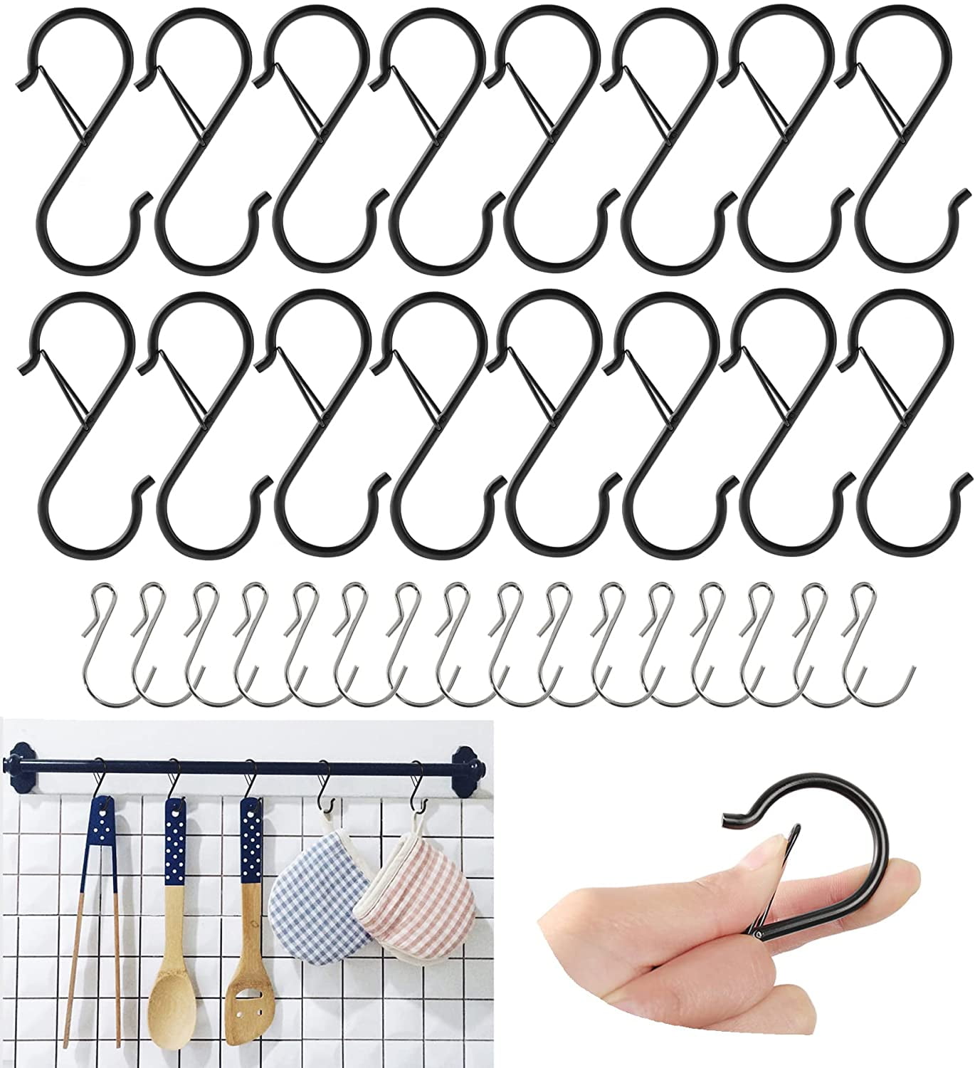 32 Pack S Hooks for Hanging Clothes Heavy Duty Metal S Hooks Black S Hook with Safety Buckle Design for Outdoor, Lights, Kitchenware, Hanging Hooks