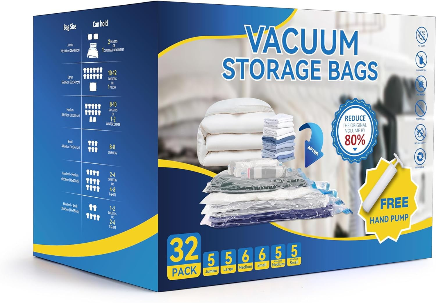 32 Pack Vacuum Storage Bags (5 Jumbo/5 Large/6 Medium/6 Small/5 Roll M/5 Roll S) Space Saver Bags, Vacuum Seal Bags with Hand Pump for Comforters, Blankets, Bedding, Pillows and Clothes