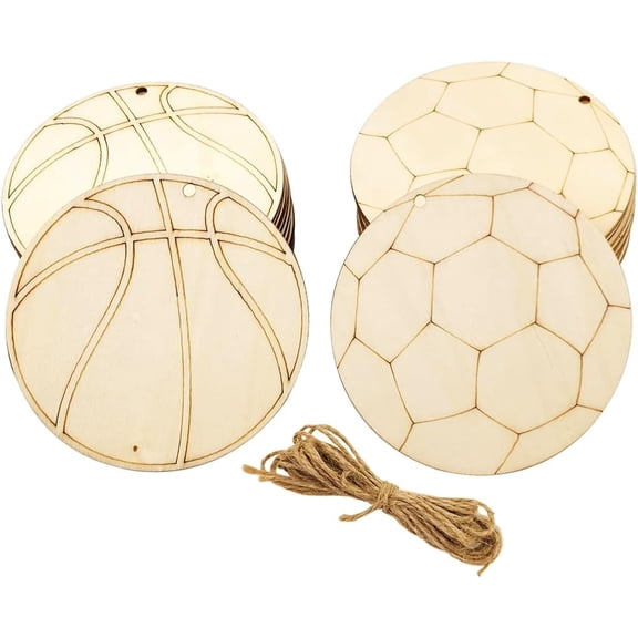 32 Pack Wood Soccer & Basketball Cutouts Soccer & Basketball Shaped Wood Slices Soccer & Basketball Theme Sports Hanging Ornaments Gift Tags for Home Party Decoration Craft Project