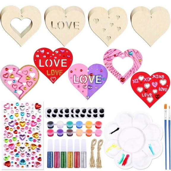 32 Pack Wooden Heart Craft Kits for Adults - DIY Valentine's Day Craft Supplies with Paint, Gems & Accessories for Classroom Gifts, Party Decorations (32pcs + Gems + String + Brushes)