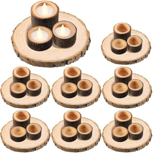 32 Pack Wooden Tealight Candle Holder with 8 Pack Wood Slices for Centerpieces Natural Rustic Candlestick Party Supplies for Table Dining Birthday Home Decor(Only Applicable to LED Candles)