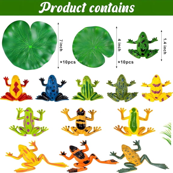 32 Packs Mini Plastic Frog Decor and Artificial Lily Pads,Include 12 Colorful Plastic Frogs and 20 Floating Lily Pads for Ponds Artificial Pond Plants for Garden Pool Decor Party Favor