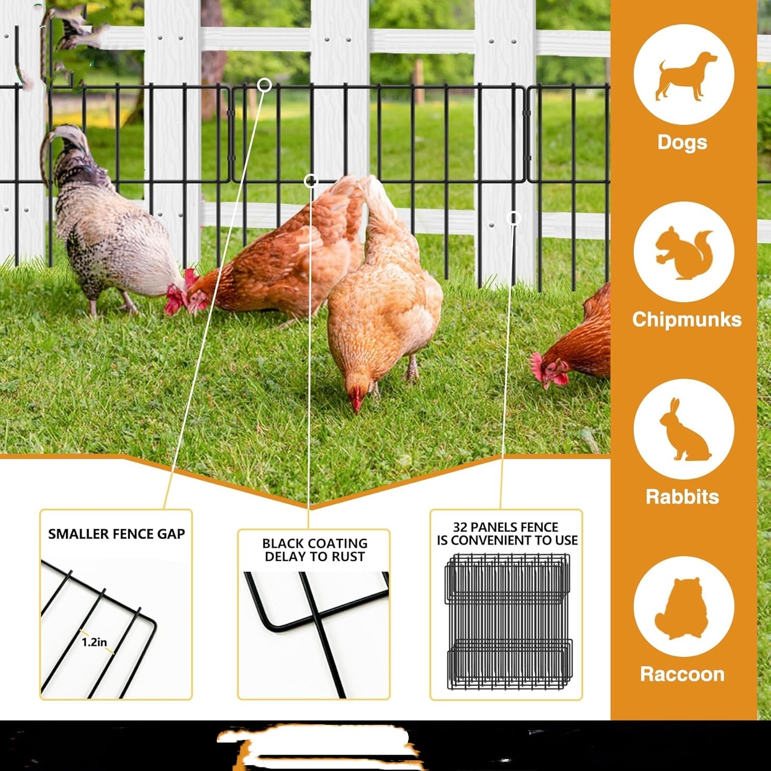 Dig Bottom 32 Panels Animal Barrier Fence, 32ft(L) X 13inch(H) No Dig Rabbit ...