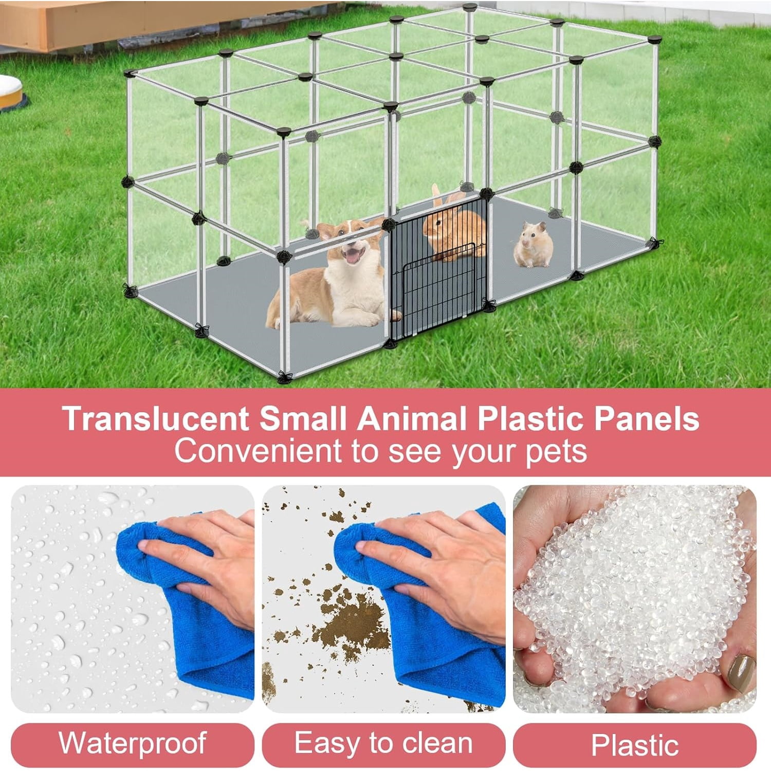 48" x 32" x 24" Transparent Playpen with Waterproof Mat,Plastic Enclosure,Puppy Play Pen for Chicken,Pet Fence for Guinea Pigs,Bunny,Ferrets,Hamsters,Hedgehogs Indoor