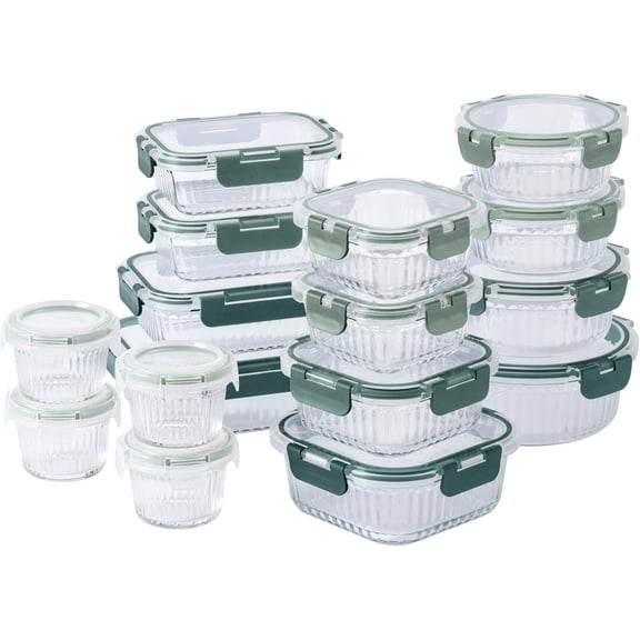 32-Pc Borosilicate Glass Food Container Set with Dividers 4 Rectangular 8 Round 4 Square Leakproof Lids Fluted Ombre Green