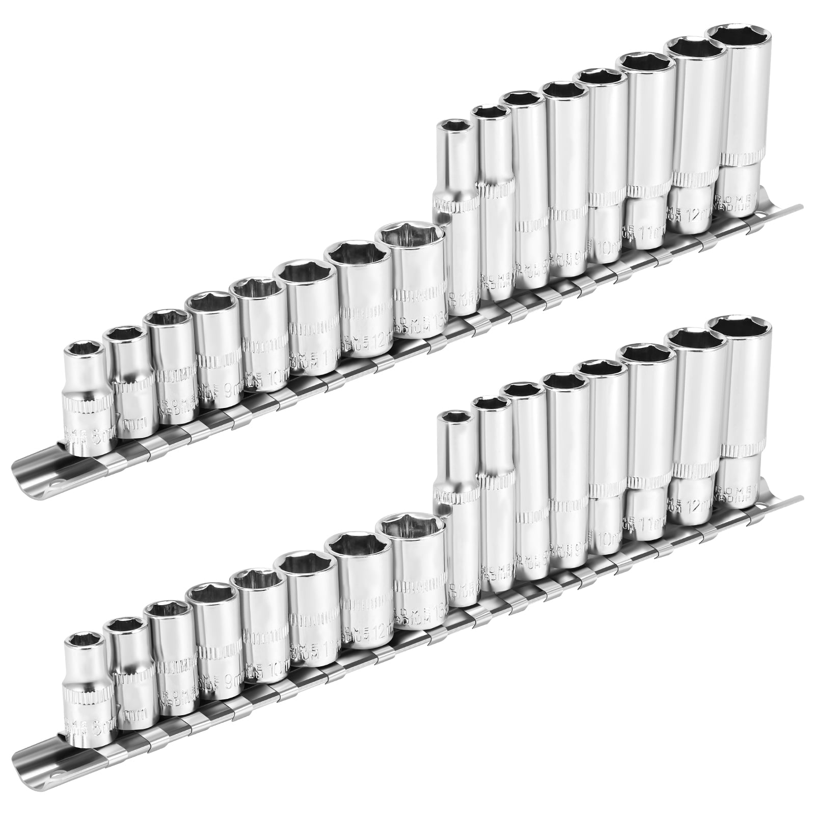 32 Pcs 1/4" Drive Socket Set 6 Point Design Deep and Shallow Socket Set Metric Size 6mm-13mm Mirror Chrome Finish with Storage Holders