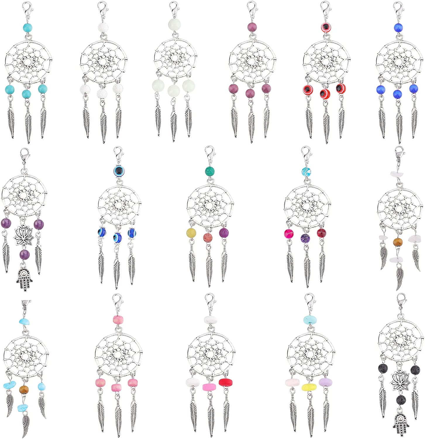 32 Pcs 11 Styles Dreamcatcher Charms Colorful Wood Beads Dream Catcher Pendants with Alloy Findings Lobster Claw Clasps and Feathers for Earrings Necklace and Keyring MakingMixed Color