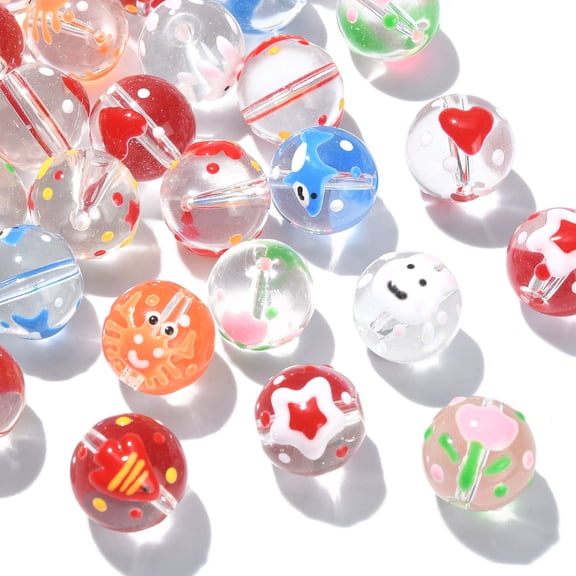 32 Pcs 12mm Mix Styles Patterned Lampwork Glass Beads Animal Flower Heart Pattern Cute Glass Beads for Bracelet Jewelry Making Crafting