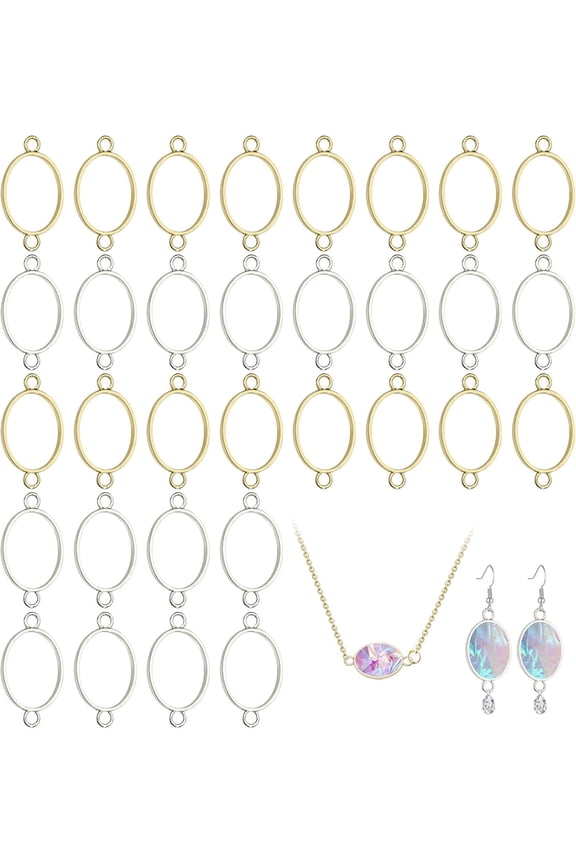 32 Pcs 2 Color Oval Open Blank Connector Alloy Open Bezels Open Back Bezel Pendants Hollow Frame Charms