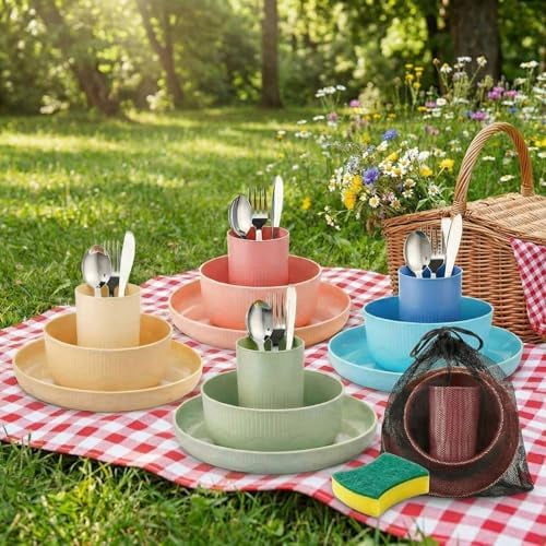 32 Pcs/4 Sets Camping Dinnerwares, 4 Person Camping Mess Kit with Plastic Plates Bowls Cups and Stainless Steel Cutlery Set for Family Rv Hiking Picnic Outdoor$$Sport & Recreation Other