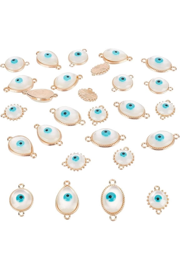 32 Pcs 4 Styles Enamel Evil Eye Charms - Imitation Cat Eye Turkish Pendants for Jewelry Making - Flat Round Oval Teardrop & Flower Shapes - Rack Plating Alloy