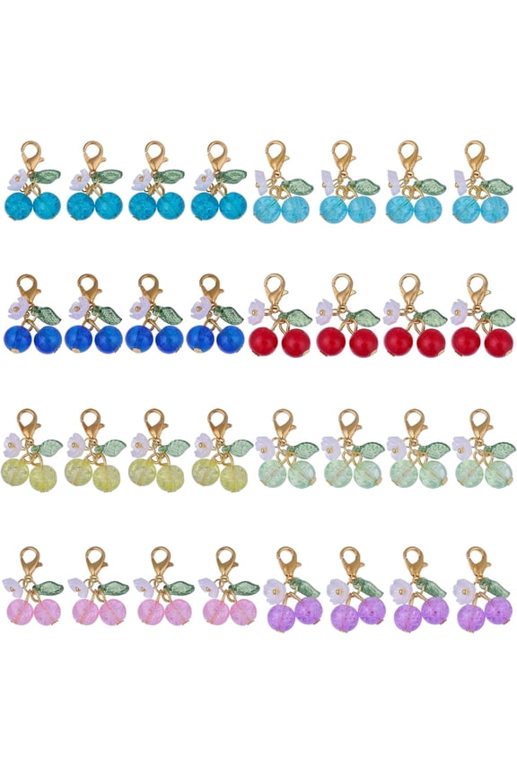 32 Pcs 8 Colors Cherry Glass Pendant Decorations with Alloy Lobster Clasp Acrylic Cherry Clip on Charms for Necklace Bracelet Earring Keychain DIY Craft Jewelry MakingMixed Color