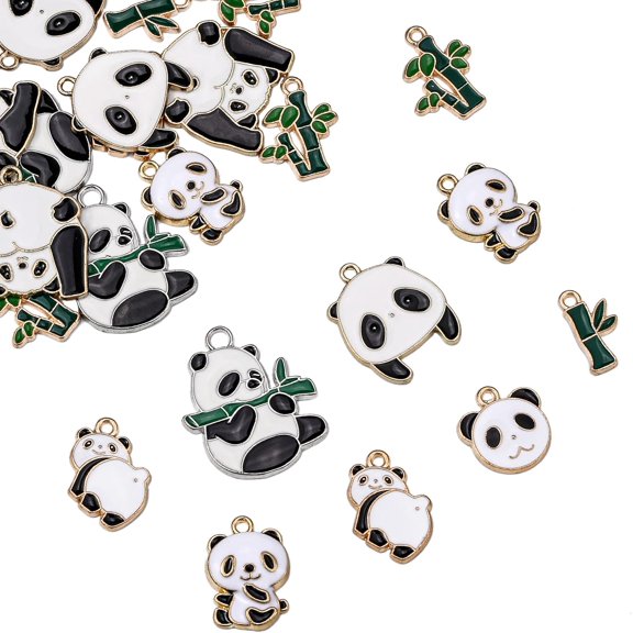 32 Pcs 8 Styles Alloy Enamel Panda and Bamboo Charms Light Gold Animal Pendants