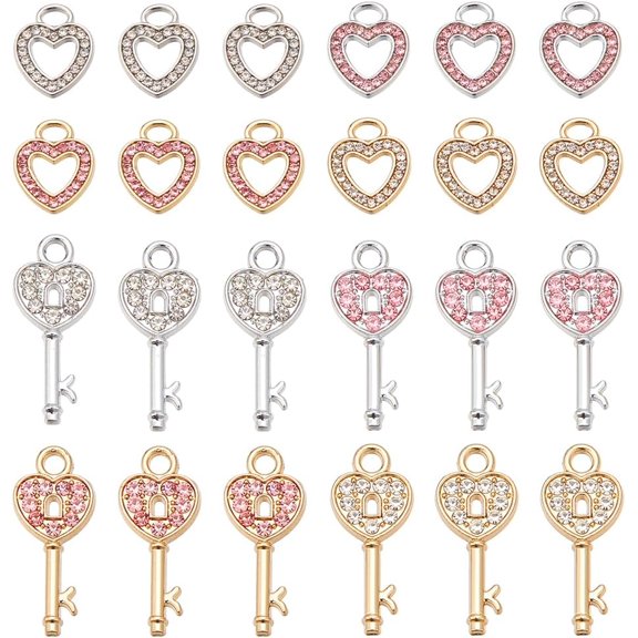 32 Pcs 8 Styles Rhinestone Heart Beads Love Heart Beads Heart Key Pendant Valentine Heart Beads for Necklace Bracelet DIY Crafts Jewelry Making Gold and Silver