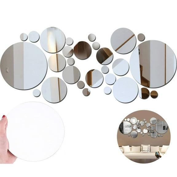 32 Pcs Acrylic Mirror Wall Stickers,Happon Removable Acrylic Mirror Stickers,Bathroom Wall Sticker Art, Circle Ceiling Mirrors for Bedroom, Home, Living Room, Sofa TV Background Decor