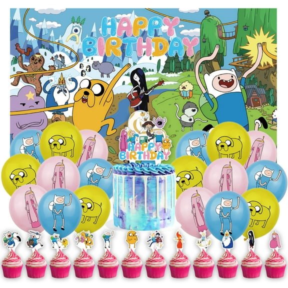 32 Pcs For Adventure Time Theme Birthday Party Supplies Party Favor Set,With 13 Cupcake Toppers,18 Balloons,5*3ft Birthday Backdrop Decorations, All-in-One Party Supply Set