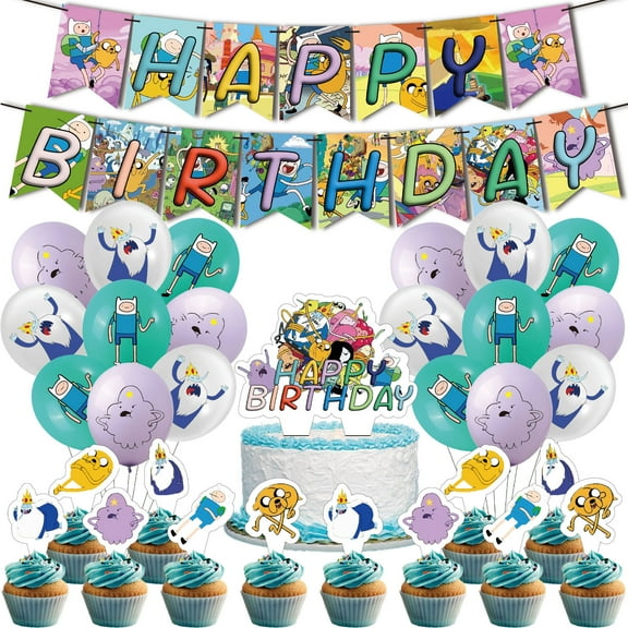 32 Pcs For Adventure Time Theme For Finn and Jake Birthday Party Decorations Set with Banner,Cake Topper,18 Balloons,12 Cupcake Toppers,All-in-One Celebration Kit