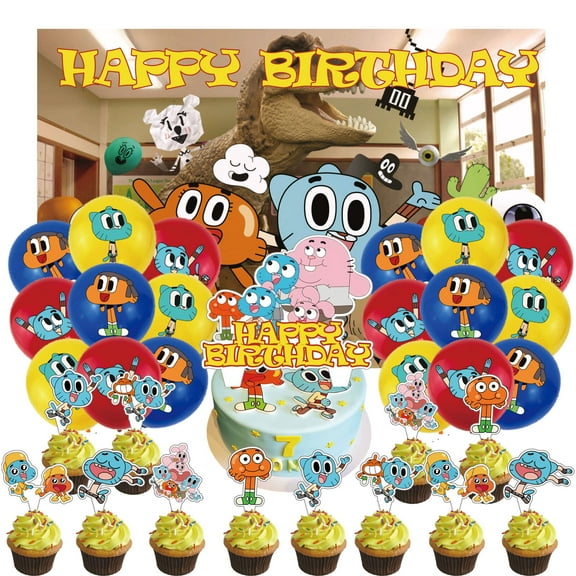 32 Pcs For The Amazing World of Gumball Cartoon-Themed Party Decorations and Favors Set – Backdrop, 13 Cupcake Toppers, and 18 Balloons for Celebration Birthday Parties