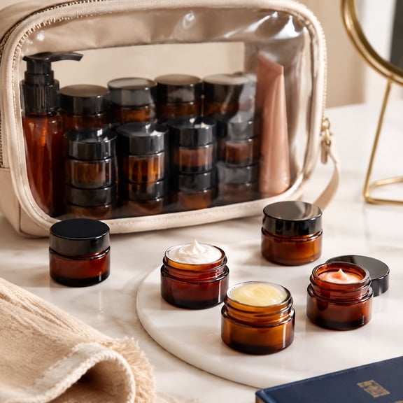 32 Pcs Amber Glass Jars with Black Lids, 2oz Round Airtight Cosmetic Containers for Lotion, Cream, Candle Making, Essential Oils, Travel, DIY Gifts