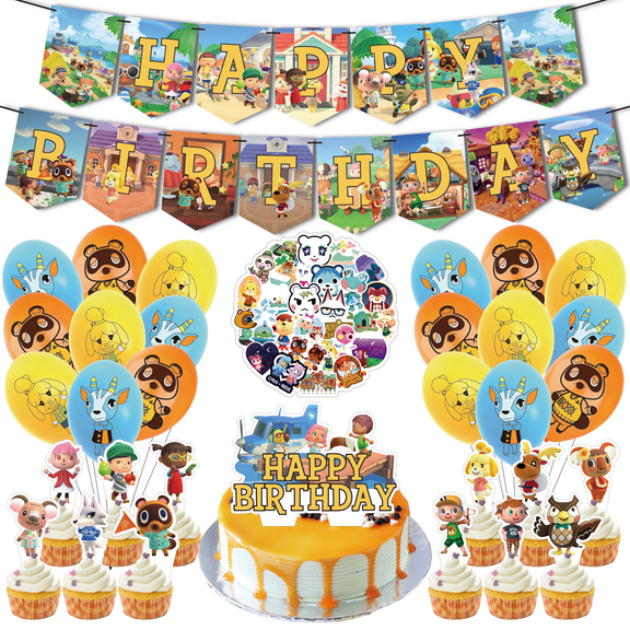 32 Pcs For Animal Crossing Theme Birthday Party Decorations Set 13 Cupcake Toppers,18 Balloons,With 1 Happy Birthday Banner,All-in-One Celebration Party Kit Supplies